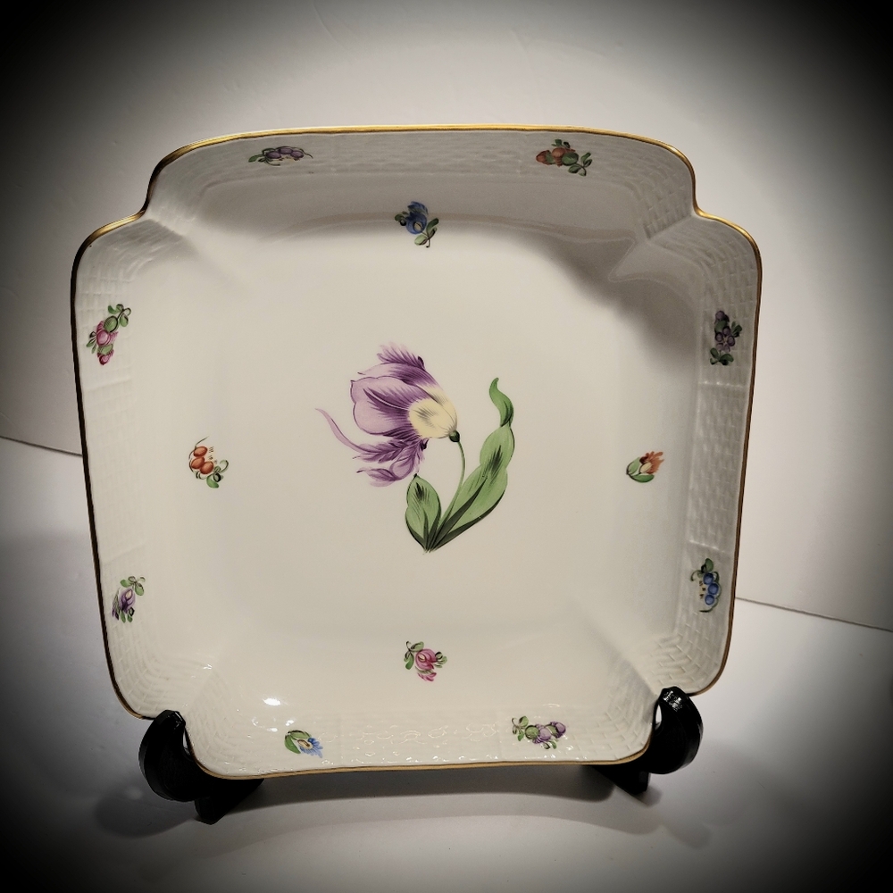 Herend Hungary Pansy Flowers Large Semi Square Gold Trim Serving Bowl Dish Mark